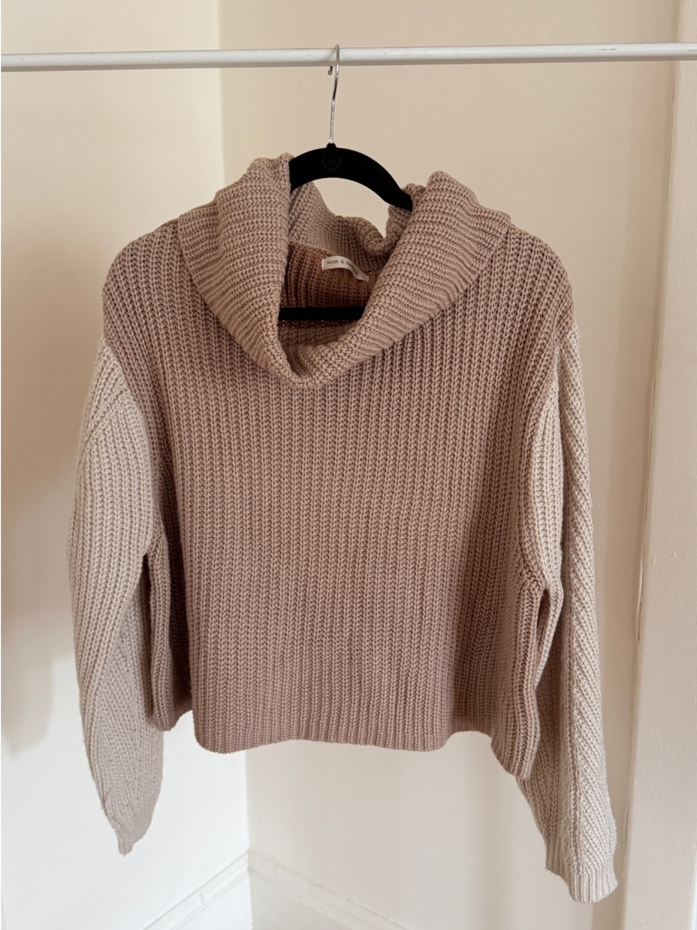 moon & madison Two-Tone Cowl Neck Sweater - Taupe & Cream